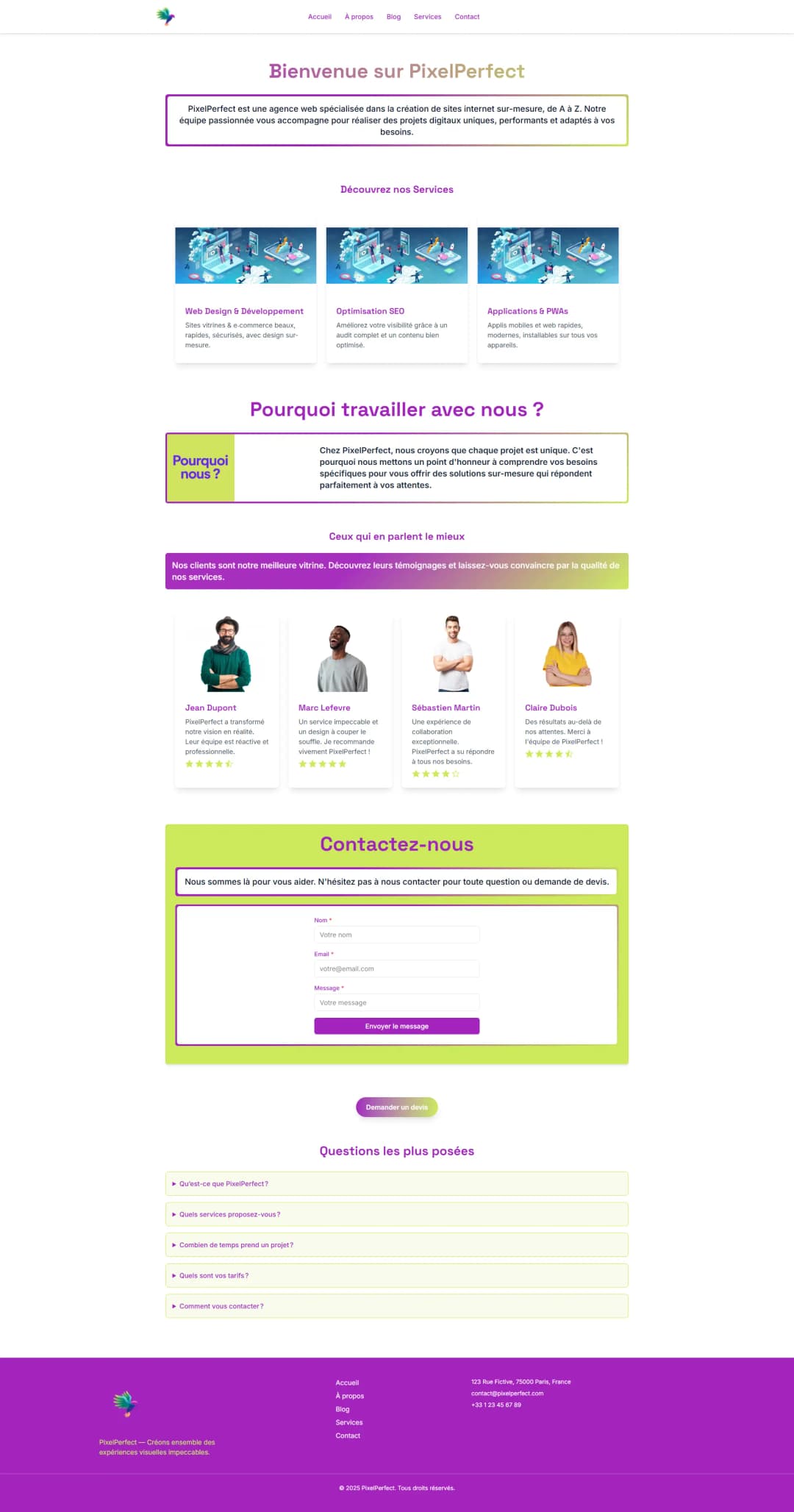 Capture d'écran du projet PixelPerfect : Site vitrine